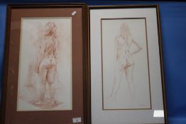 A NEAR PAIR OF FRAMED AND GLAZED PENCIL DRAWINGS OF NUDES BY 