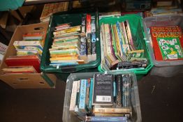 FOUR TRAYS OF ADULT PAPERBACK NOVELS AND CHILDREN'S BOOKS INCLUDING ENID BLYTON ETC. (TRAYS NOT