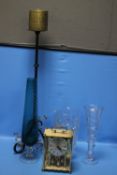 A HEAVY CUT GLASS VASE, A TALL TWISTED STEM VASE AND A TALL BLUE GLASS VASE together with A KOMA