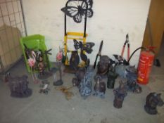 A QUANTITY OF GARDEN ORNAMENTS IN PLASTIC AND AND WALL ART PIECES INCLUDING BEATRIX POTTER THEMED