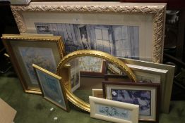 A QUANTITY OF PICTURES AND PRINTS TOGETHER WITH A GILT OVAL MIRROR, 55 X 45 CM