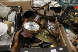 A TRAY OF METALWARE ETC. TO INCLUDE A BAROMETER