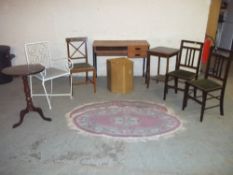 A SELECTION OF TEN ITEMS TO INCLUDE A TEAK DESK, CHAIRS, TABLES AND TWO RUGS