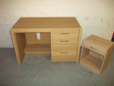 A MODERN OAK DESK AND A BEDSIDE CABINET