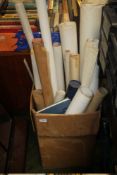 A BOX OF ORDNANCE SURVEY MAPS, ARCHITECTS PLANS, GRAPH PAPER ETC.
