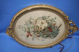 AN ANTIQUE STILL LIFE WATERCOLOUR IN DECORATIVE OVAL FRAME 69 X 49 CM