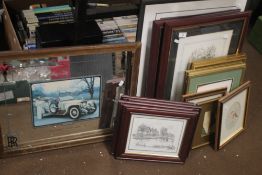A QUANTITY OF PICTURES AND PRINTS TOGETHER WITH A ROLLS ROYCE ADVERTISING MIRROR, (LOOSE FRAME)