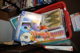 A BOX OF STATIONERY AND ARTIST MATERIALS TO INCLUDE PENS, PAINT BRUSHES, PAINT ETC.