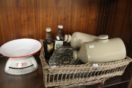 A SET OF SALTER SCALES, A JELLY MOULD, TWO STONEWARE BOTTLES ETC.