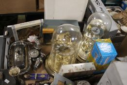 A TRAY OF SUNDRIES TO INCLUDE TWO DOMED CLOCKS, WHITE METAL ITEMS ETC.