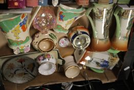 A TRAY OF CERAMICS TO INCLUDE ROYAL DOULTON AND A WARMING PAN
