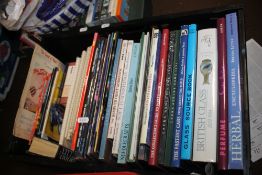 A TRAY OF MISCELLANEOUS BOOKS TO INCLUDE GLASS, SOFT FURNISHINGS REFERENCE BOOKS ETC.