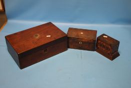 A WOODEN BOX CONTAINING COSTUME JEWELLERY TOGETHER WITH A TEA CADDY AND AN INLAID MONEY BOX