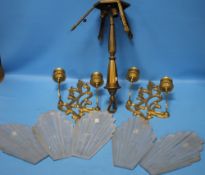 A VINTAGE HANGING CEILING LIGHT WITH FIVE ART DECO STYLE OPAQUE GLASS PANELS, TOGETHER WITH A PAIR