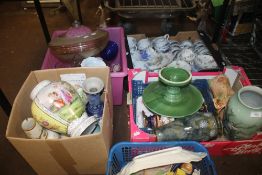 THREE TRAYS OF POTTERY TO INCLUDE COLOURED GLASS VASES, PART SPODE AND COALPORT TEASETS ETC. (