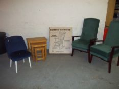 FIVE ITEMS TO INCUDE TWO EASY CHAIRS, A BOXED ROCKING CHAIR, AND A NEST OF TABLES (5)