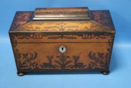 AN INLAID CASKET SHAPED CADDY, NO INNERS