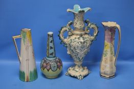 TWO CERAMIC JUGS AND TWO VASES¦Condition Report:Both jugs have damage, repairs¦