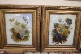 A PAIR OF PAINTINGS ON GLASS IN GILT FRAMES, 40 X 35 CM