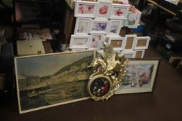 TWO PICTURE FRAMES TOGETHER WITH TWO PRINTS, A MIRROR AND A MODERN CLOCK