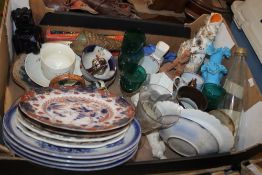 A TRAY OF CERAMICS AND GLASSWARE TO INCLUDE BLUE & WHITE (TRAY NOT INCLUDED)
