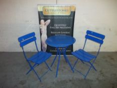 A GARDEN METAL PATIO SET WITH TWO FOLDING CHAIRS