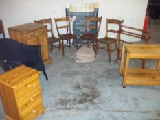 FOUR ELM CHAIRS, WICKER CHAIR, PINE THREE DRAWER CHEST AND A SERVING TROLLEY ETC. (9)