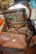 TWO DRESSING TABLE MIRRORS, A VINTAGE DOCTOR'S BAG A/F AND A PAIR OF VINTAGE ICE SKATES A/F