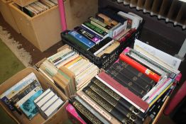 FOUR TRAYS OF BOOKS TO INCLUDE AGATHA CHRISTIE