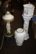 A JARDINIERE ON STAND, A TABLE TOP WATER FEATURE AND A CREAM VASE
