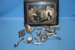 AN ORIENTAL STYLE POSTCARD / PHOTOGRAPH ALBUM TOGETHER WITH A COLLECTION OF WHITE METAL FLATWARE