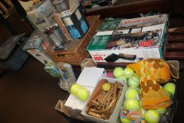 A QUANTITY OF SUNDRIES TO INCLUDE TENNIS BALLS, CAMPING STOVE, A CAMPING LANTERN ETC.