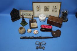 A QUANTITY OF COLLECTABLES TO INCLUDE WHITE METAL BINOCULARS, DOME CLOCK ETC.