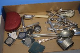A QUANTITY OF WHITE METAL FLATWARE, COINS ETC.