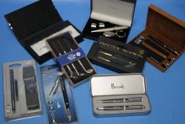 A BOX OF PEN SETS INCLUDING HARRODS, ARTAMIS, ESQUIRE, PARKER, JASPER CONRAN ETC.
