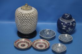 A CHINESE RETICULATED PORCELAIN LAMP BASE AND A QUANTITY OF OTHER ORIENTAL CERAMICS