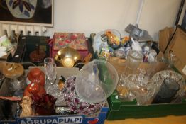 FOUR TRAYS OF SUNDRIES TO INCLUDE GLASSWARE, CERAMICS INCLUDING TWO LIDDED GINGER JARS A/F ETC. (