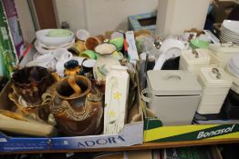 FOUR TRAYS OF CERAMICS, KITCHENALIA ETC. (TRAYS NOT INCLUDED)