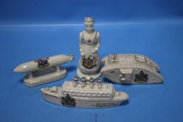 A SELECTION OF FOUR MILITARY TYPE CARLTON CRESTED WARE PIECES TO INCLUDE WALSALL, BIRMINGHAM AND