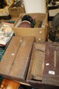 TWO VINTAGE WOODEN BOXES TOGETHER WITH A BOX OF SUNDRIES TO INCLUDE, A SMALL COLLECTION OF IRISH