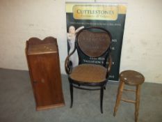 A POT CUPBOARD, AN ANTIQUE CHAIR AND A STOOL (3)