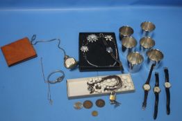 A BOX CONTAINING A 9 CT GOLD CRUCIFIX ON YELLOW METAL CHAIN, TWO COSTUME JEWELLERY NECKLACES, FIVE