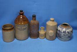 A COLLECTION OF STONEWARE ETC. TO INCLUDE A 'J. H. JONES & SONS BEVERAGES' FLAGON (6)