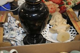 A TRAY OF CERAMICS TO INCLUDE A BUST