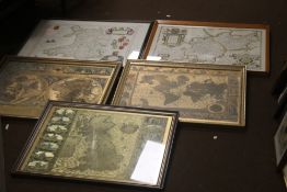 FIVE FRAMED REPRODUCTION MAPS TO INCLUDE WALES, WORCESTER GREAT BRITAIN ETC THE LARGEST 65 X 52 CM