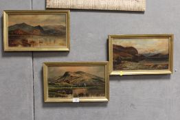 THREE ANTIQUE GILT FRAMED OIL ON CANVASS OF MOUNTAINOUS LAKE SCENES SIGNED T MOSS 1918