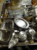 TWO TRAYS OF METALWARE TO INCLUDE OLD HALL STAINLESS STEEL AND FIVE BRANCH CANDELABRA