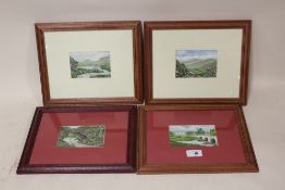 FOUR SMALL FRAMED AND GLAZED OIL PAINTINGS DEPICTING RURAL RIVER AND MOUNTAINOUS SCENES SIZE - 11.