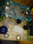 TWO TRAYS OF ASSORTED GLASSWARE TO INCLUDE A CUT GLASS JUG AND STUDIO GLASS VASE