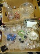 TWO TRAYS OF ASSORTED GLASSWARE TO INCLUDE CRANBERRY OVERLAID EXAMPLES AND FUCHSIA PATTERNED